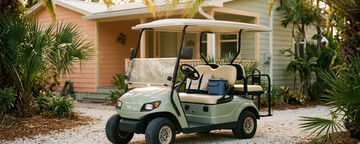 Light green golf cart with open door parked on driveway beneath palm trees and colorful beach houses