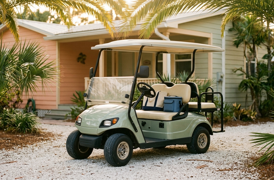 Light green golf cart with open door parked on driveway beneath palm trees and colorful beach houses