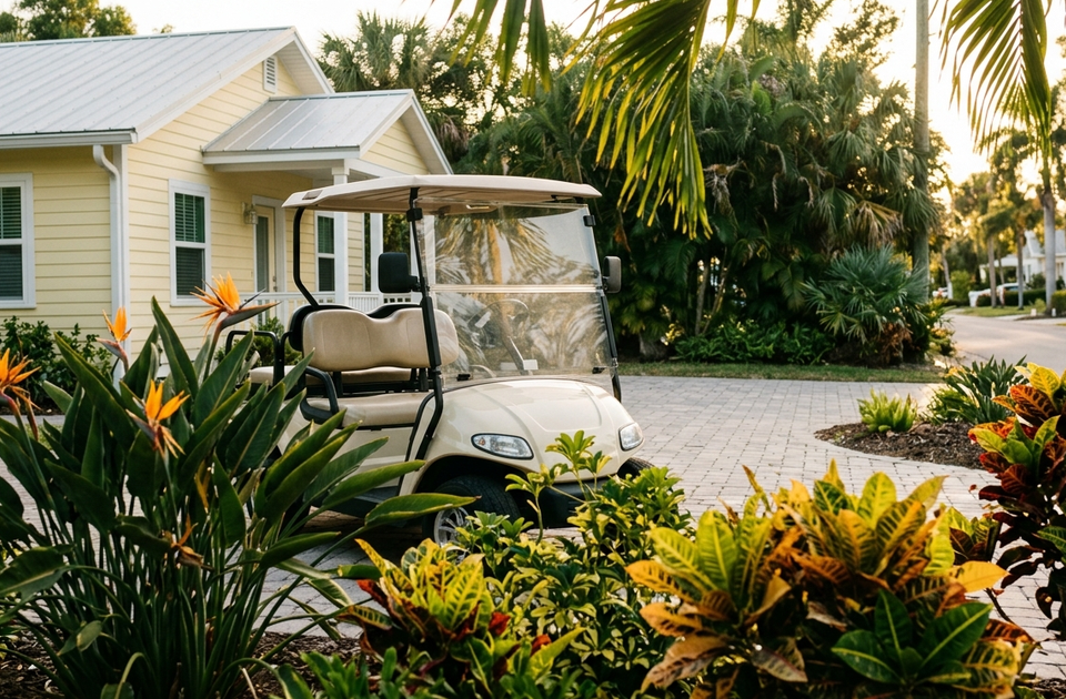 Golf cart parked on brick driveway in front of beige cottage surrounded by tropical plants and palm trees on Anna Maria...