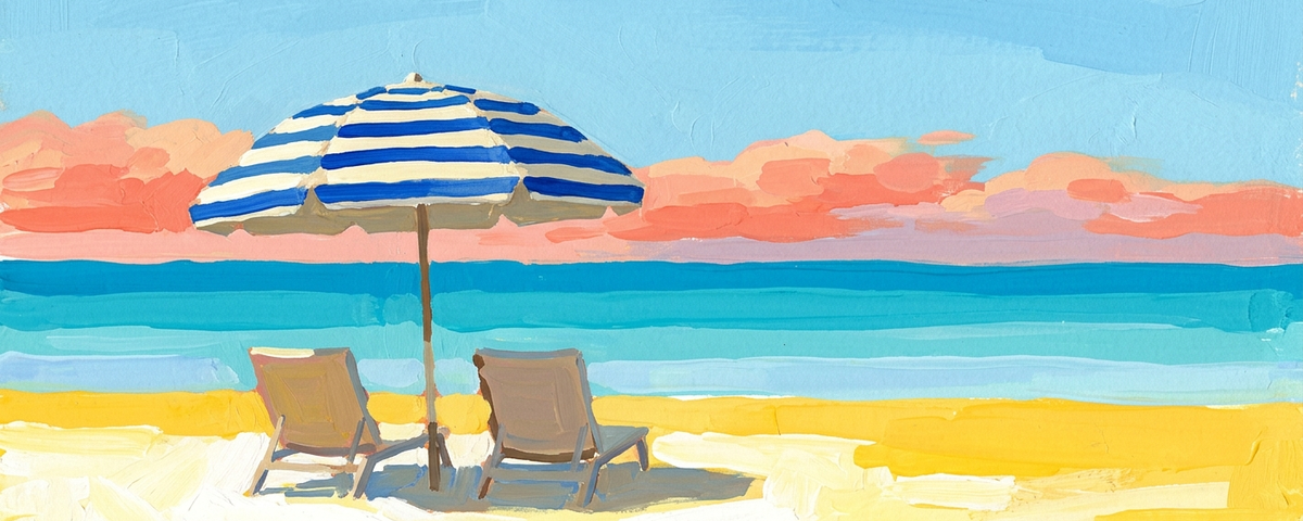 Painting of two beach chairs under blue striped umbrella on sandy shore with ocean and sunset clouds