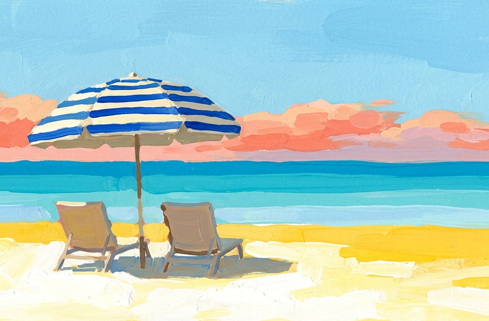 Painting of two beach chairs under blue striped umbrella on sandy shore with ocean and sunset clouds