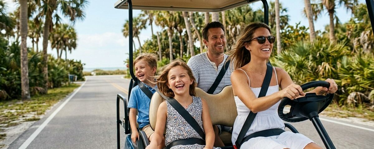 A happy family riding in a street-legal golf cart along a palm-lined coastal road on Anna Maria Island
