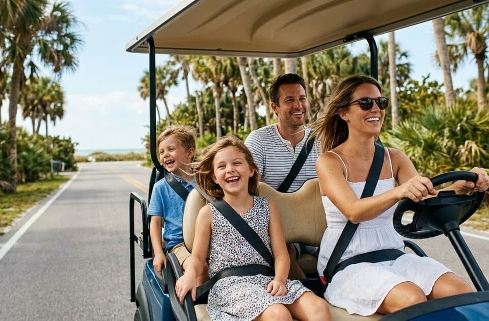 A happy family riding in a street-legal golf cart along a palm-lined coastal road on Anna Maria Island