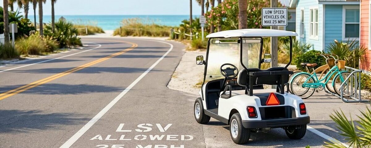 Street-legal LSV parked on a quiet Anna Maria Island road with license plate and road-legal safety equipment visible