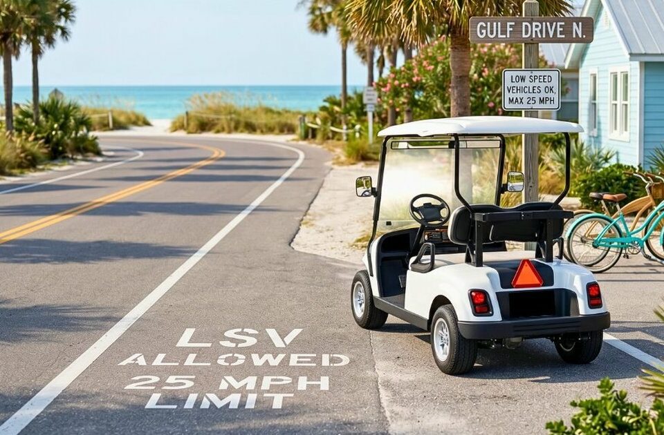 Street-legal LSV parked on a quiet Anna Maria Island road with license plate and road-legal safety equipment visible