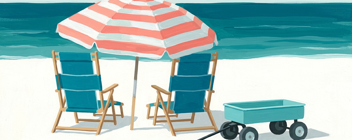 Beach chairs, striped umbrella, and turquoise wagon demonstrating rental equipment quality standards for...