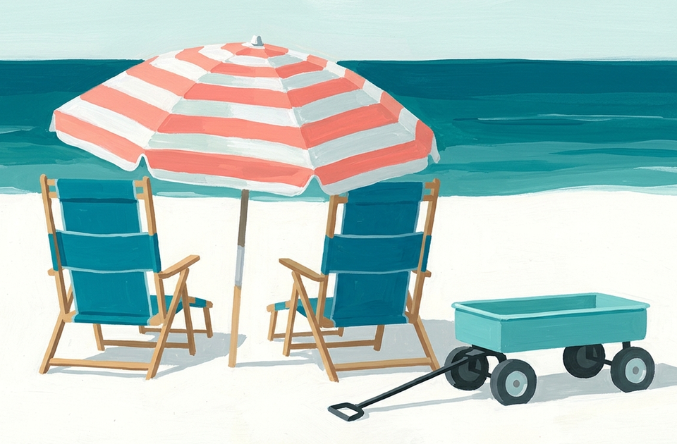 Beach chairs, striped umbrella, and turquoise wagon demonstrating rental equipment quality standards for...