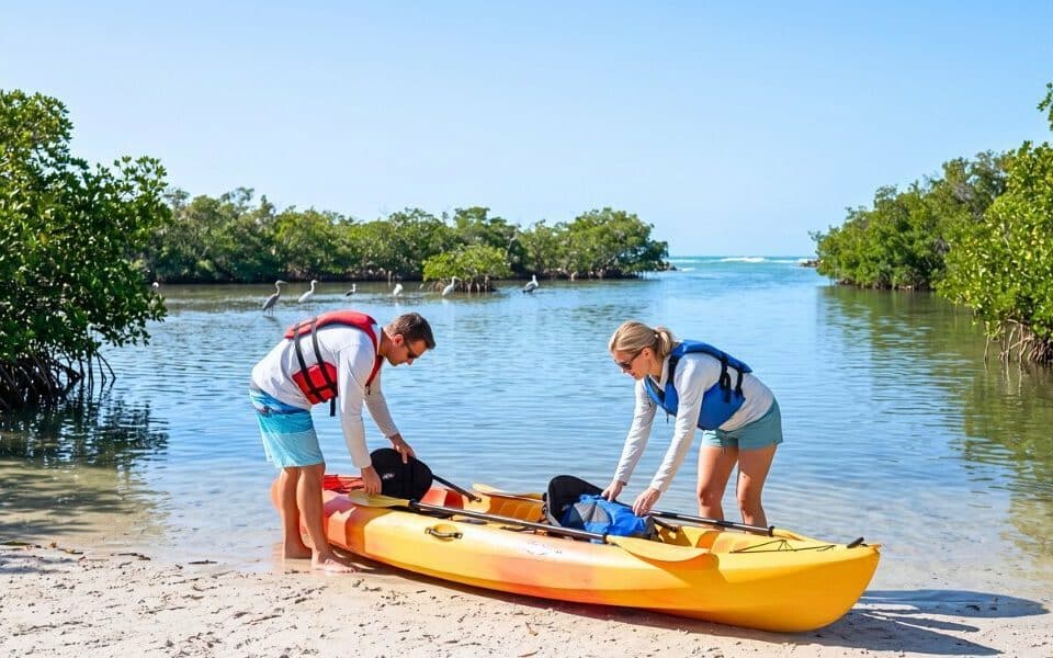 Two paddlers preparing a kayak at a calm Anna Maria Island launch.