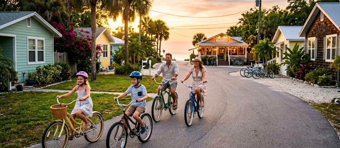 Family of four biking to dinner on Anna Maria Island at sunset