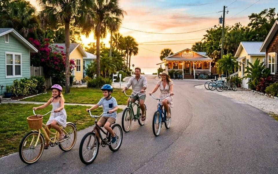 Family of four biking to dinner on Anna Maria Island at sunset