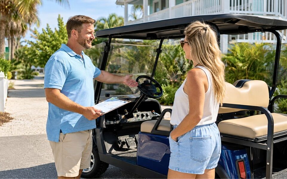 The Face-to-Face Golf Cart Handoff Families Remember All Week ? golf cart handoff Anna Maria Island