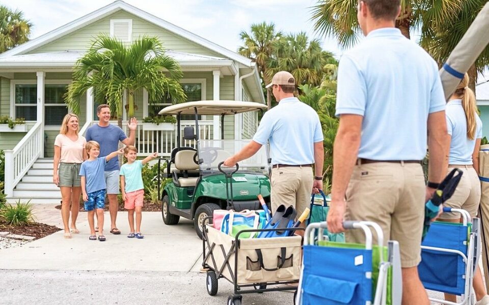 rental staff in blue polo shirts hand-deliver beach gear to a family outside a pastel Florida vacation cottage.