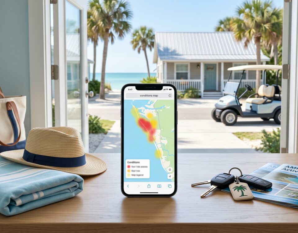 Phone with beach conditions beside gear and golf cart keys on Anna Maria Islandy Anna Maria Island During Red Tide
