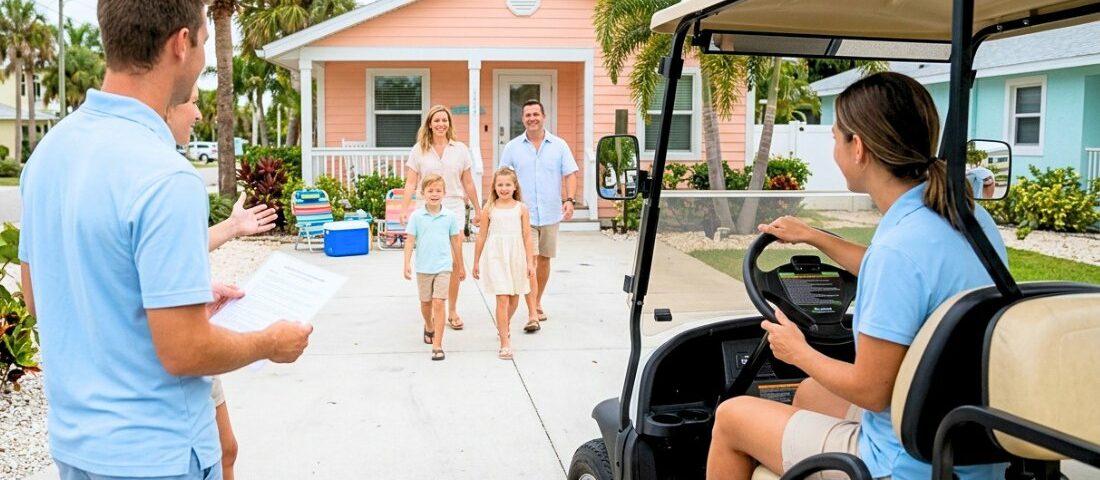 Vacation rental team welcoming a family beside a golf cart on Anna Maria Island