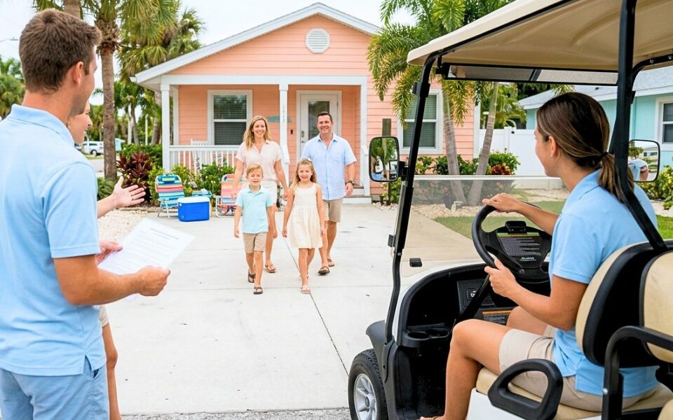 Vacation rental team welcoming a family beside a golf cart on Anna Maria Island