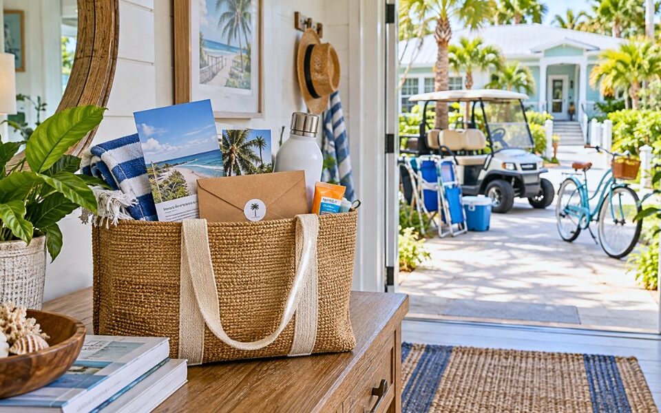 A retro-style welcome bag with Fun and More Rentnal flyer peeking out.