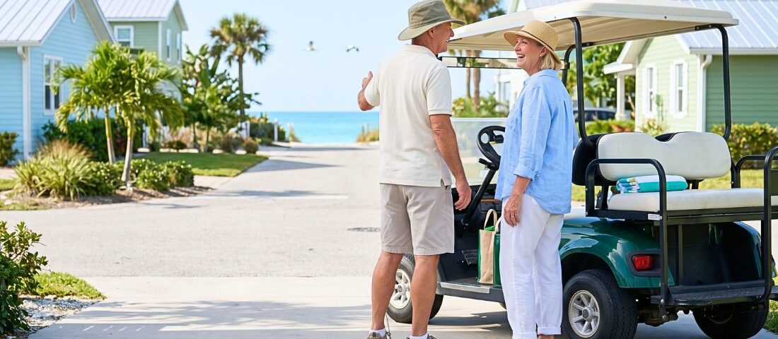 snowbird couple with their golf cart rental in Anna Maria Island