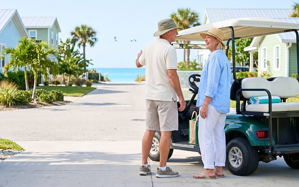 snowbird couple with their golf cart rental in Anna Maria Island