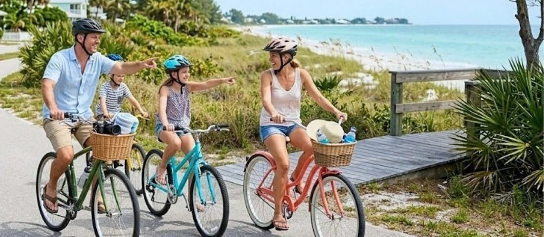 Family of four enjoys a scenic bike ride along Anna Maria Island.