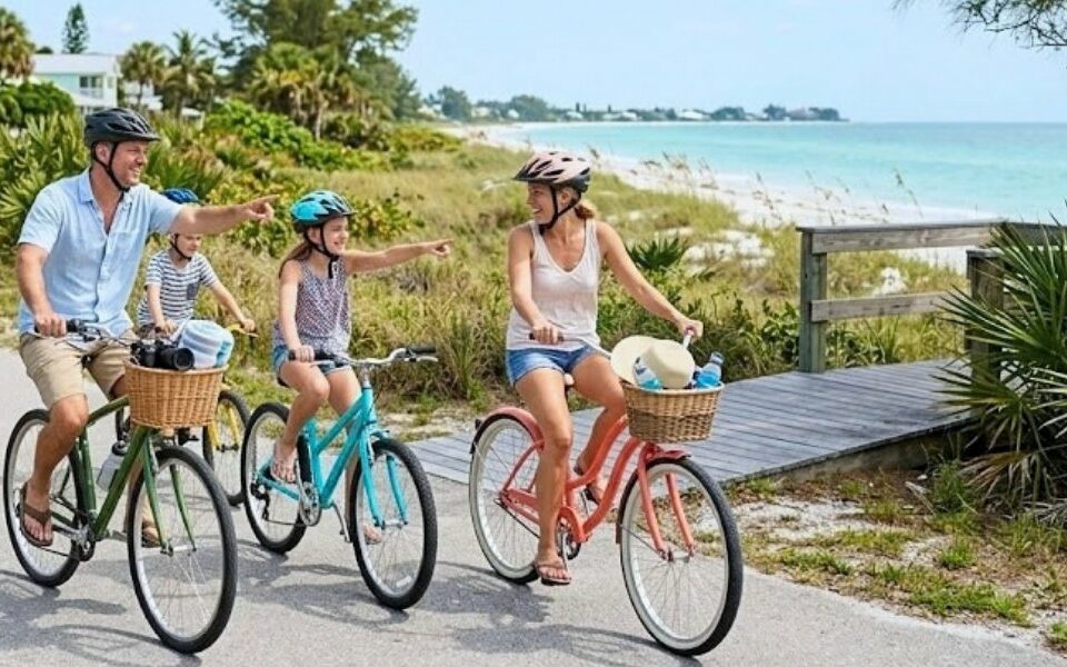 Family of four enjoys a scenic bike ride along Anna Maria Island.