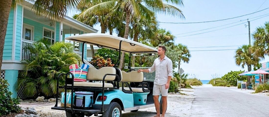 A man stands beside a parked light blue golf cart on a sandy coastal street next to a teal beach house.