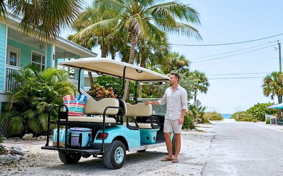 A man stands beside a parked light blue golf cart on a sandy coastal street next to a teal beach house.