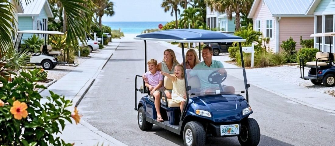Family of five enjoys an island ride together in a golf cart.