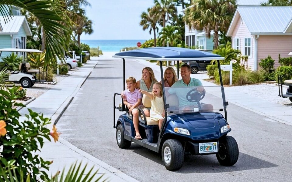 Family of five enjoys an island ride together in a golf cart.