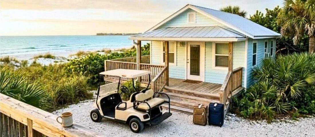 A beige golf cart parked in front of a light blue beachfront cottage with two suitcases set by the porch steps.