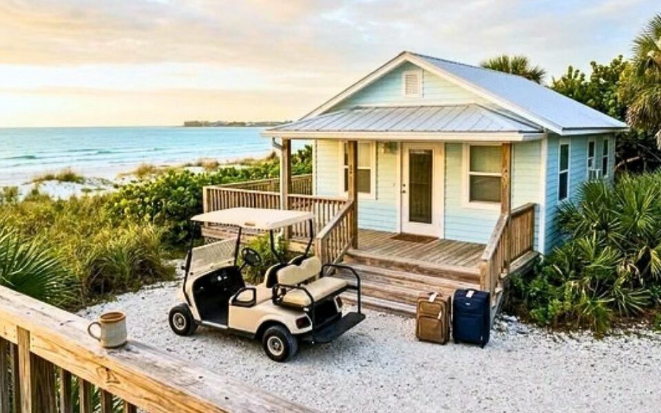 A beige golf cart parked in front of a light blue beachfront cottage with two suitcases set by the porch steps.