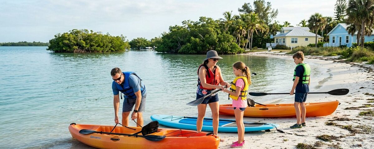 A family wearing life jackets preparing kayaks and a paddleboard along a sandy beach shoreline.