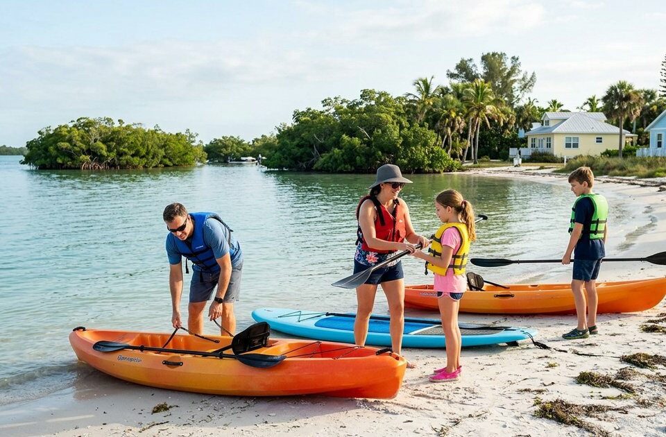 A family wearing life jackets preparing kayaks and a paddleboard along a sandy beach shoreline.
