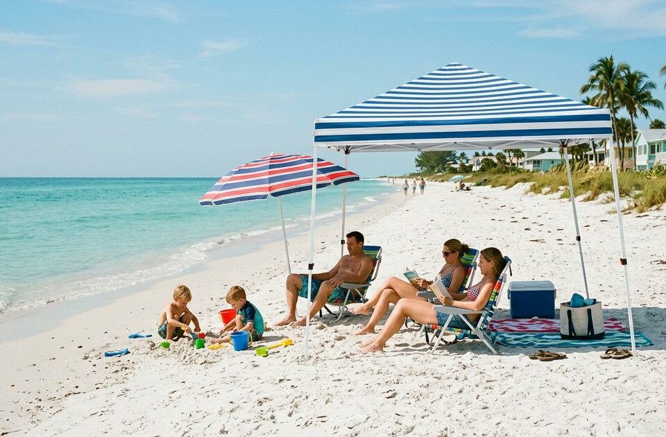 A family relaxing on a white sand beach under a striped canopy tent and umbrella, with adults seated in chairs and children playing in the sand.