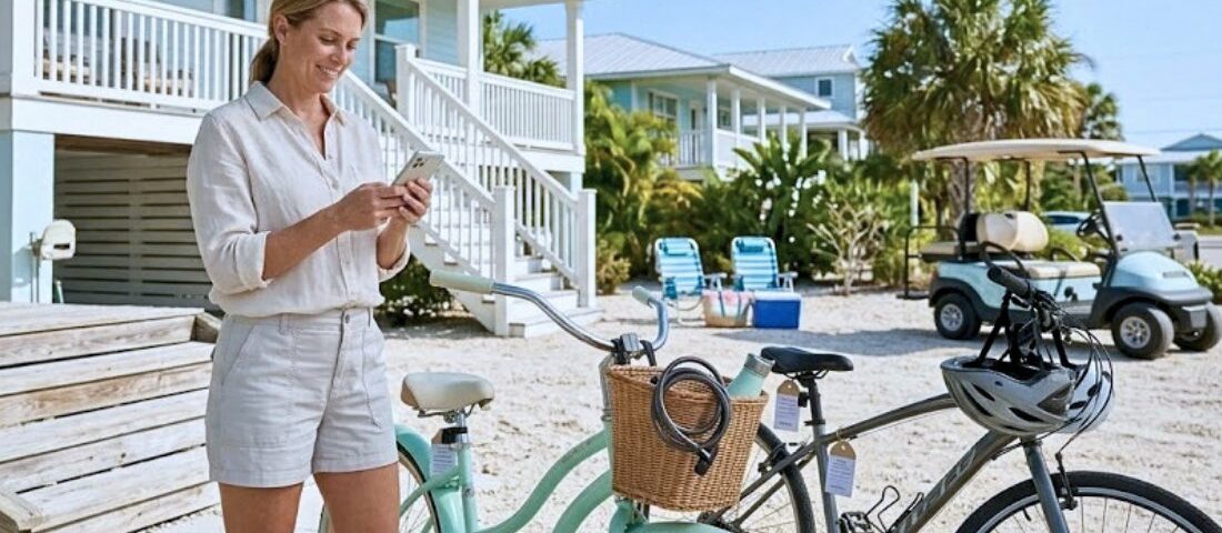 Vacationer feels relaxed beside bikes and gear arranged before an island trip.