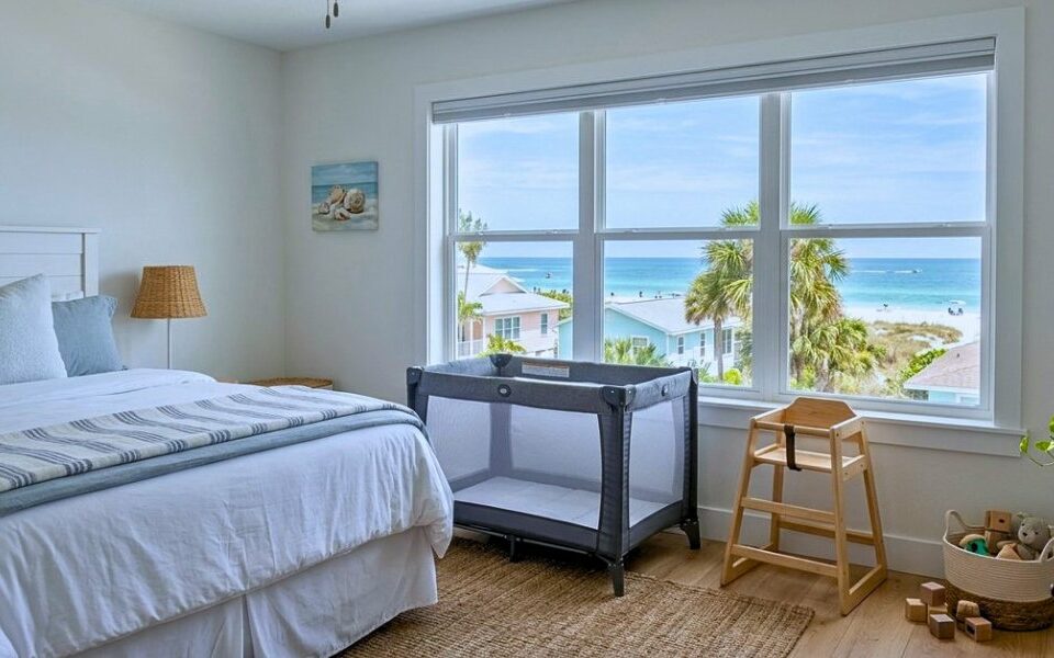A bedroom with a large ocean-view window, furnished with a bed, a portable travel crib, and a wooden highchair.